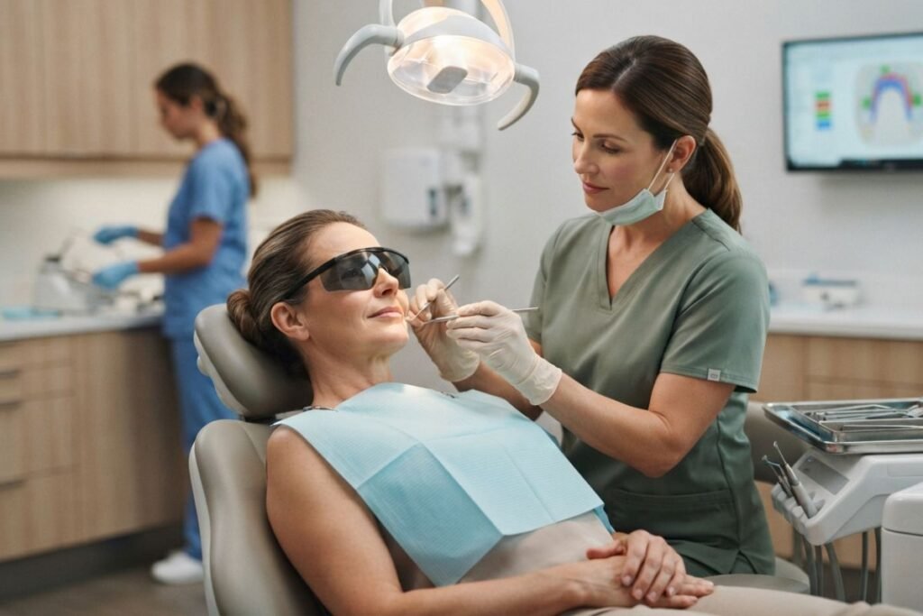 Routine modern dental examination for a patient using transmucosal buprenorphine treatment