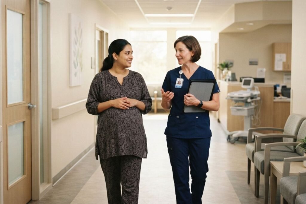 Pregnant adult walking with a prenatal clinician through a bright maternity-care corridor