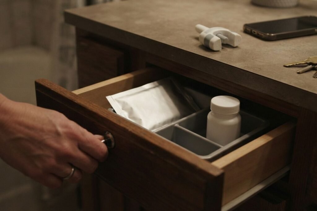 Medication safety still life with locked drawer, sealed film pouch, naloxone device, phone and closed pill organizer