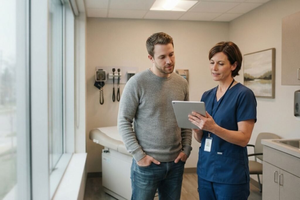Adult reviewing a buprenorphine treatment plan with a clinician in a modern primary-care exam room