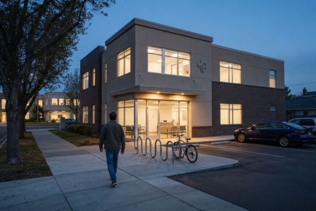 Community primary-care and medical-office building photographed at early evening for buprenorphine treatment access