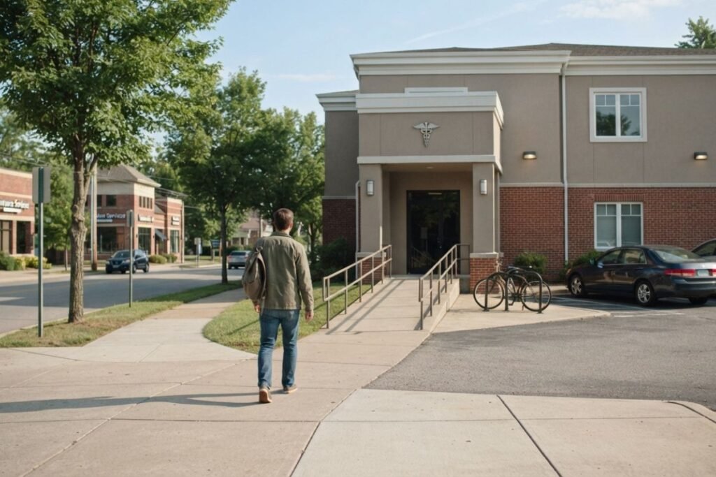 Adult approaching a discreet community opioid treatment program facility