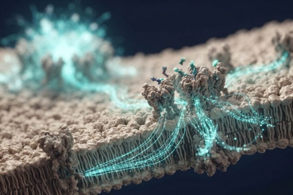Premium 3D medical editorial illustration showing buprenorphine interacting with opioid receptors