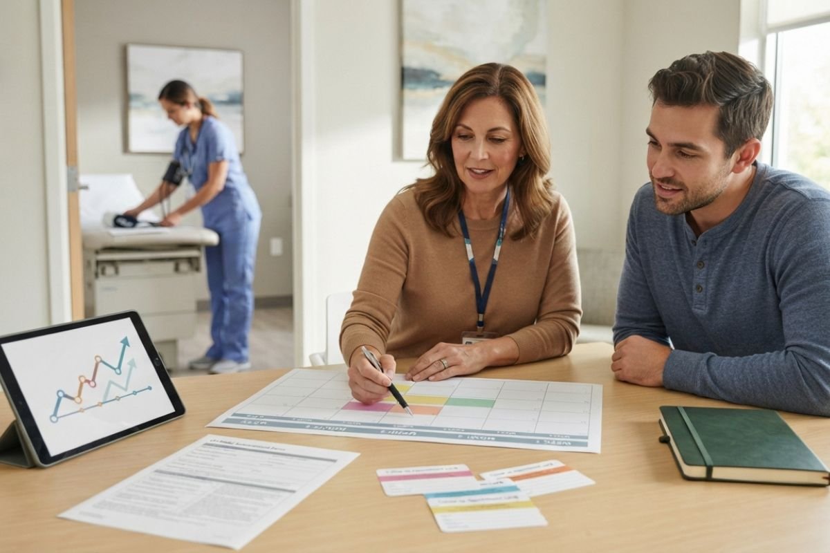 Clinician and adult patient reviewing stages of medication treatment for opioid use disorder