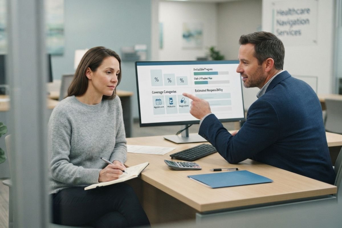 Adult reviewing medication treatment cost and insurance information with a support professional