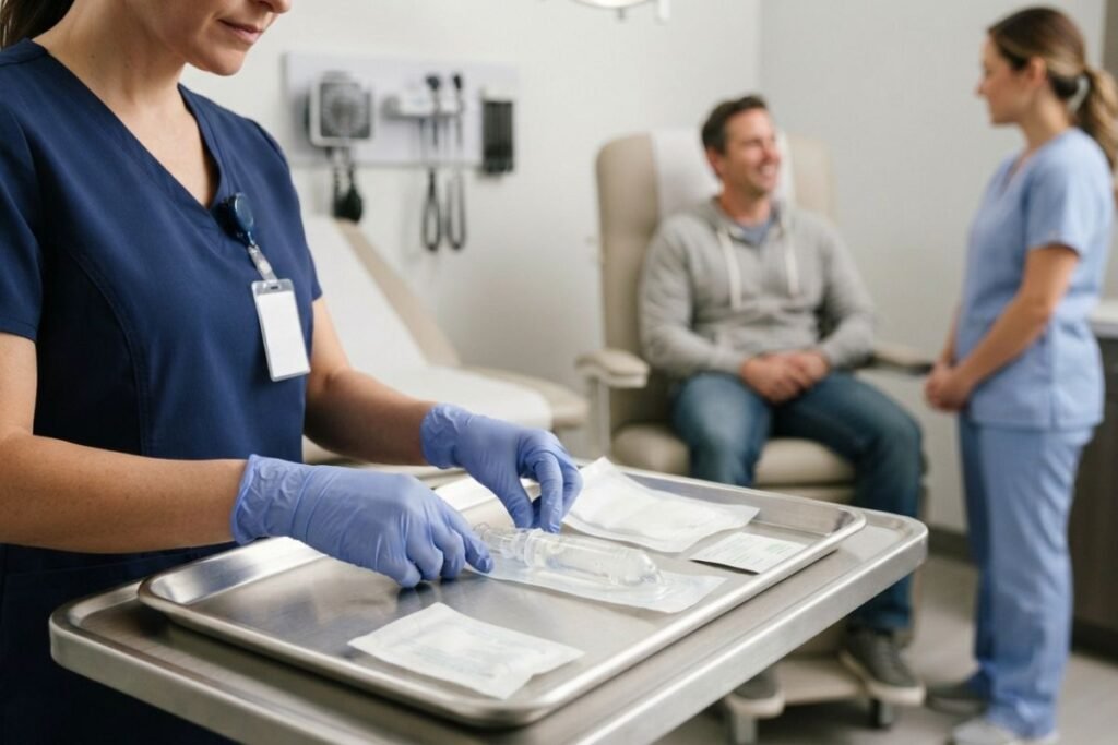 Clinical procedure-preparation scene for provider-administered long-acting buprenorphine without showing needle insertion