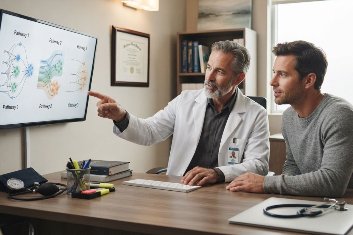 Clinician discussing medications for opioid use disorder with an adult patient