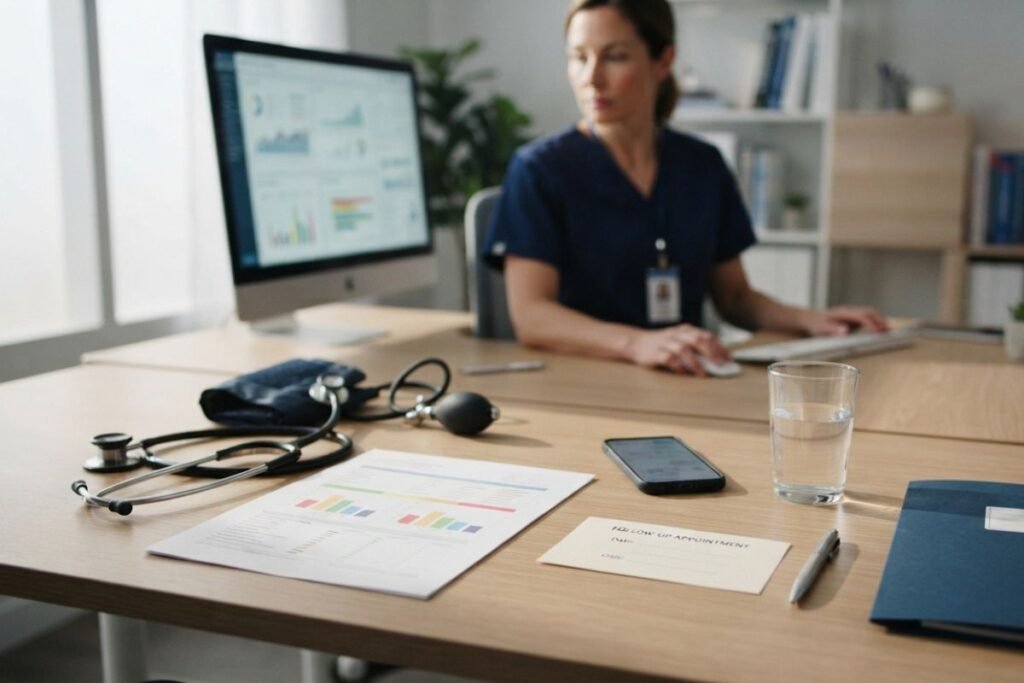 Clinical safety monitoring still life with blank lab sheet, unbranded injection follow-up card, phone, water and medical alert card