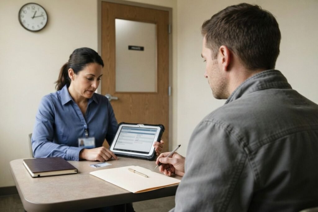 Over-the-shoulder intake and check-in at an opioid treatment program