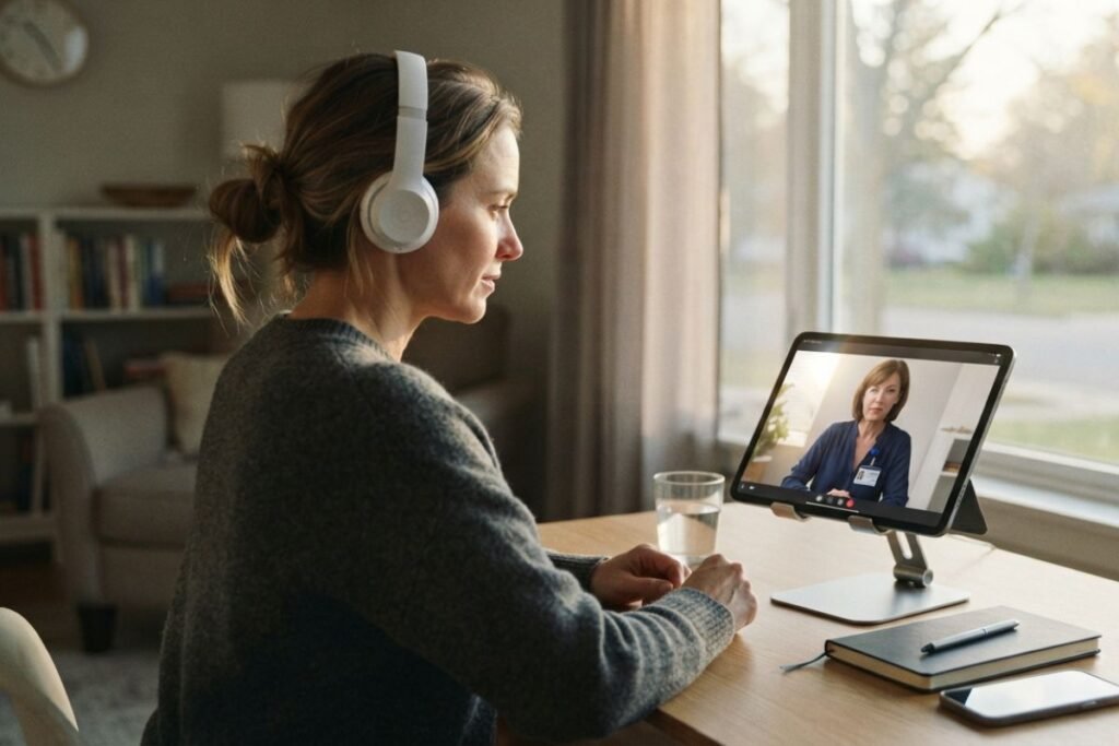 Private telehealth screening for methadone treatment shown from behind the patient