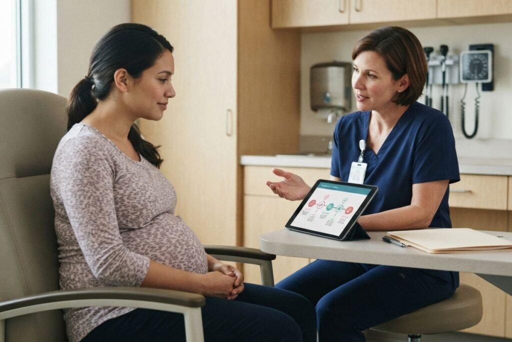 Pregnant adult reviewing coordinated opioid use disorder treatment with an obstetric healthcare professional