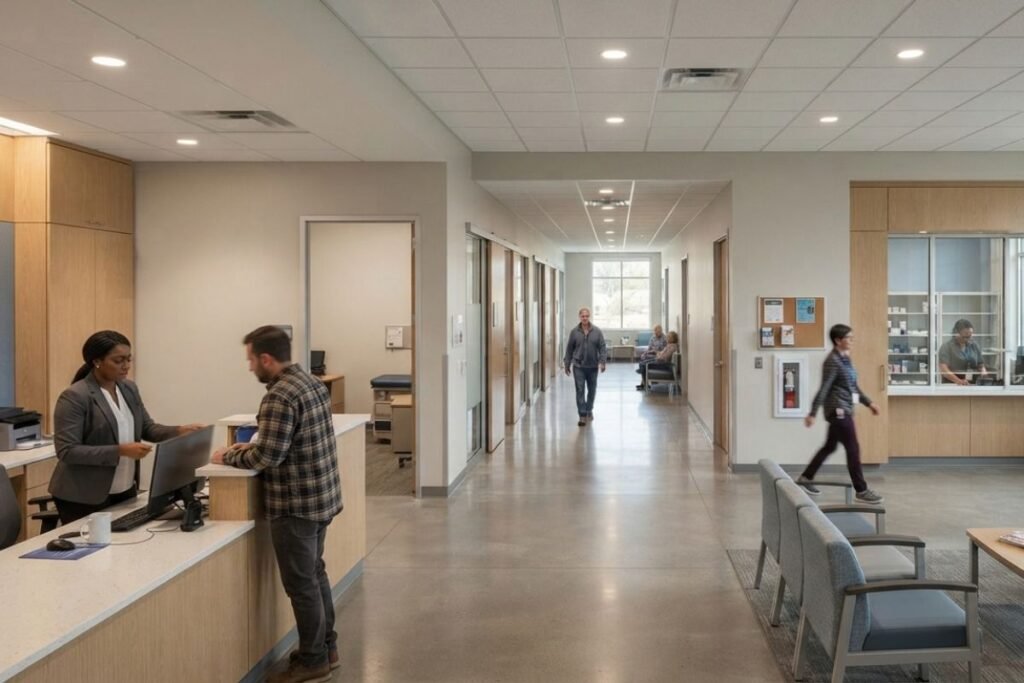 Wide architectural view of a modern opioid treatment program with reception and counseling areas