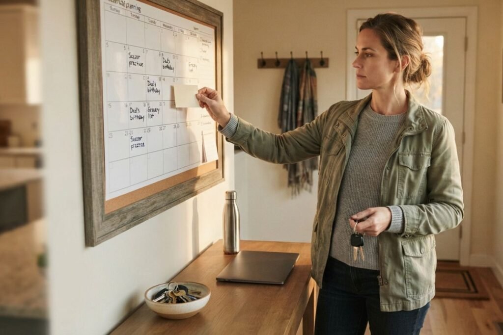 Adult at home placing a clinic appointment card into a wall calendar before a monthly Vivitrol follow-up visit