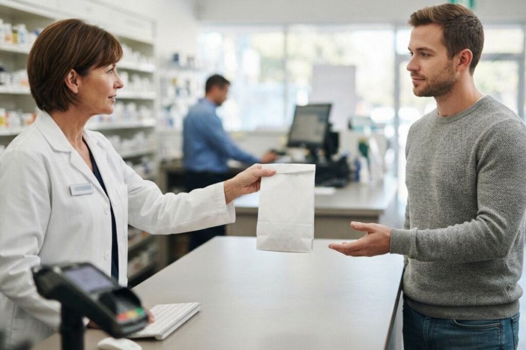 Adult receiving a sealed neutral prescription bag from a pharmacist as part of ongoing buprenorphine care