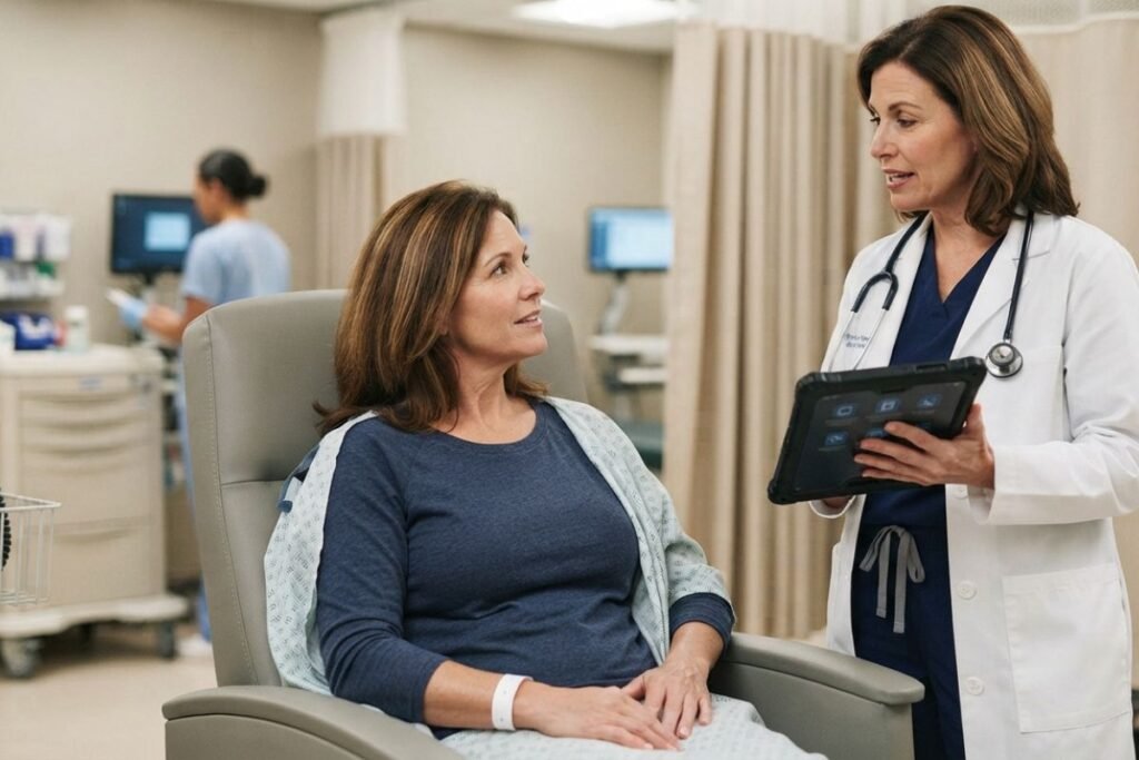 Pre-operative medication-planning scene with an anesthesiologist reviewing medication history before a procedure