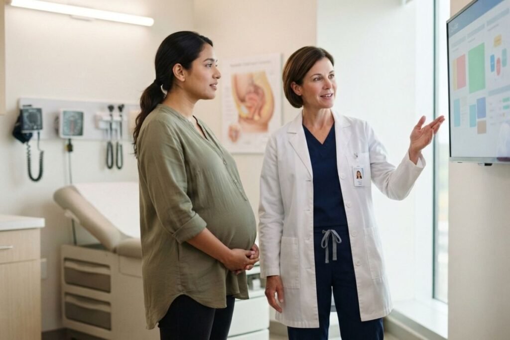 Pregnant patient and prenatal clinician reviewing coordinated OUD care beside an ultrasound workstation without showing fetal imagery