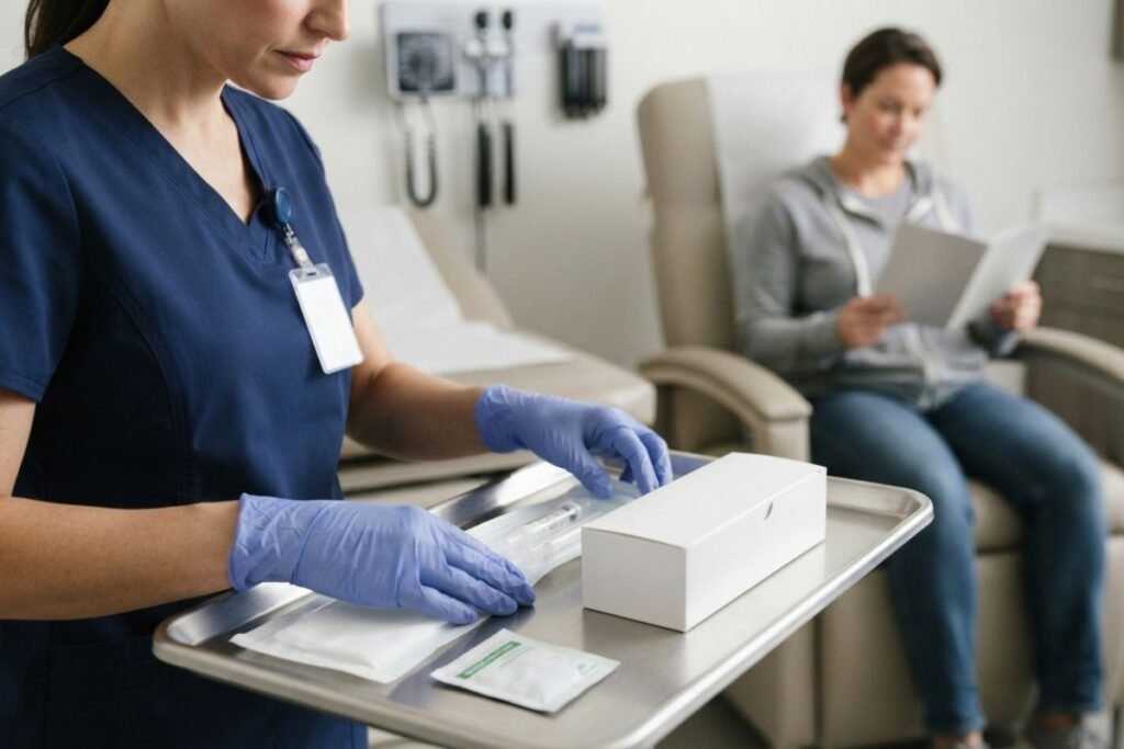 Healthcare professional preparing an unbranded provider-administered extended-release naltrexone treatment room