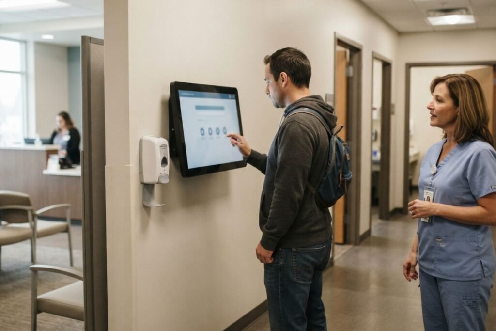 Adult completing a standing digital intake assessment while a clinician is nearby