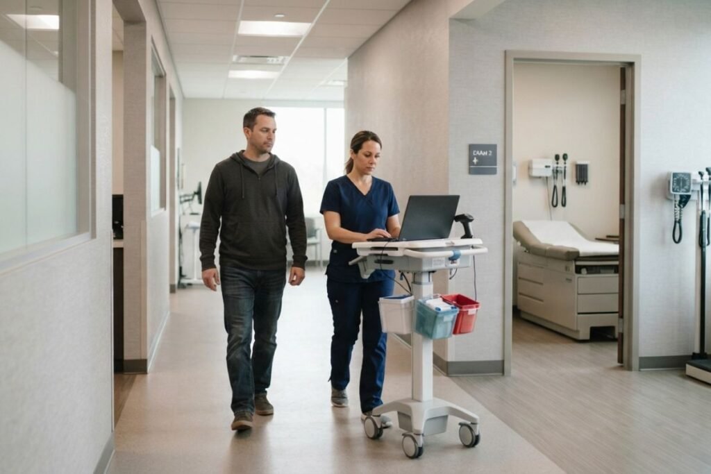 Wide documentary view of a patient moving through an outpatient clinic while a nurse reviews a digital chart