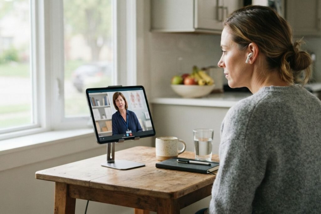 Adult participating in a private morning telehealth buprenorphine appointment from a kitchen nook