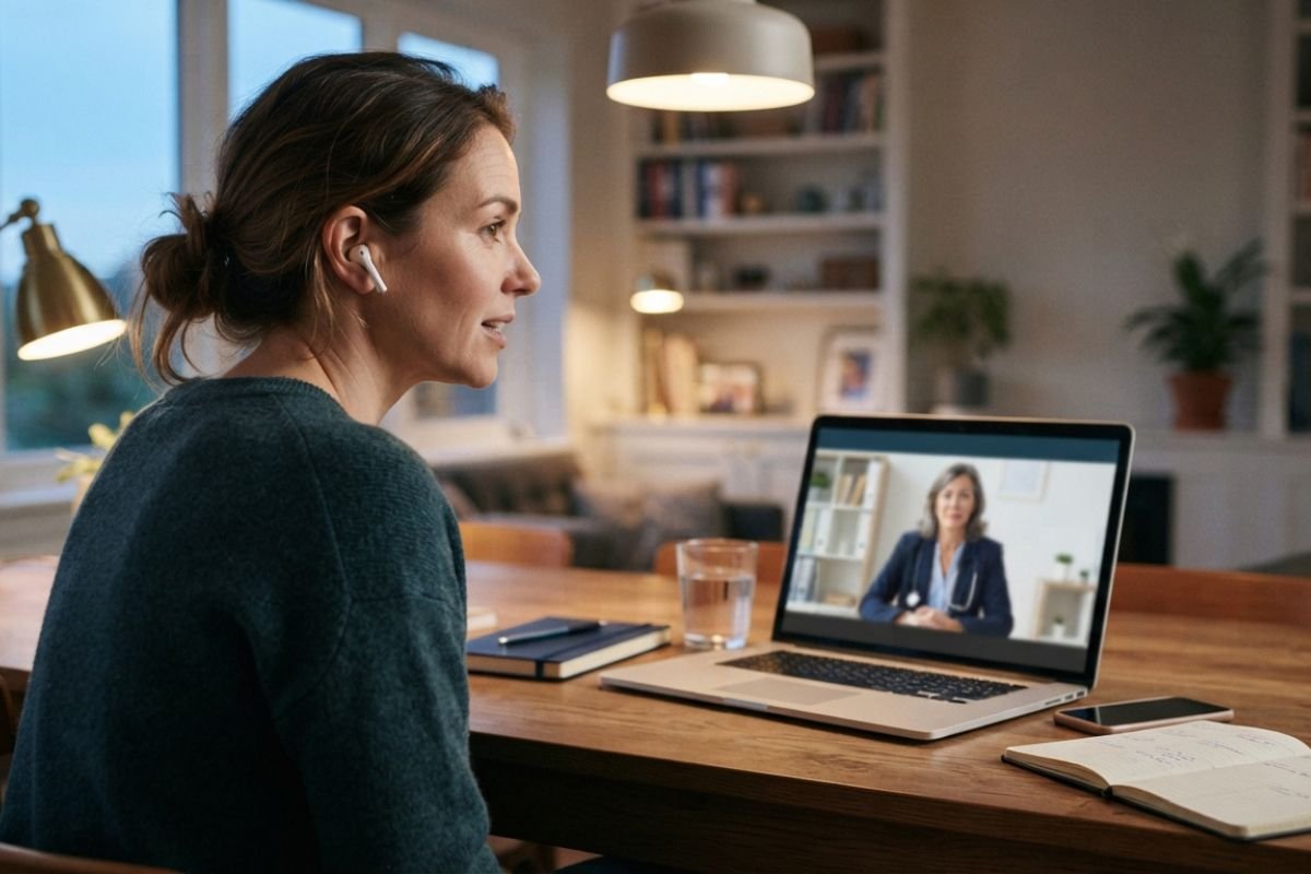 Adult participating in a private telehealth buprenorphine consultation from home