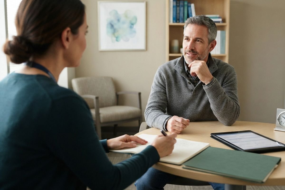 Adult discussing opioid use disorder symptoms and treatment needs with a clinician